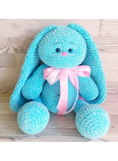Вязанная игрушка ручной работы Заяц голубой V002 (40 см)