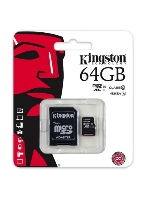 Карта памяти Kingston microSDXC UHS-I 64Gb Class 10 + SD adapter