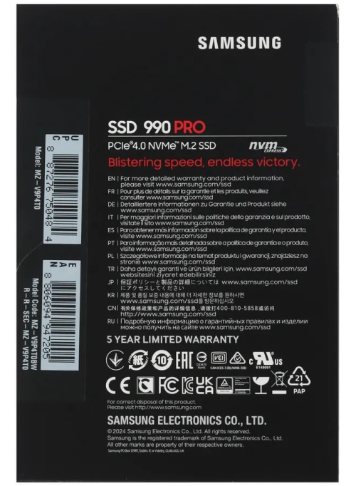 SSD накопитель Samsung 990 Pro 4TB NVMe, M.2 (MZ-V9P4T0BW)